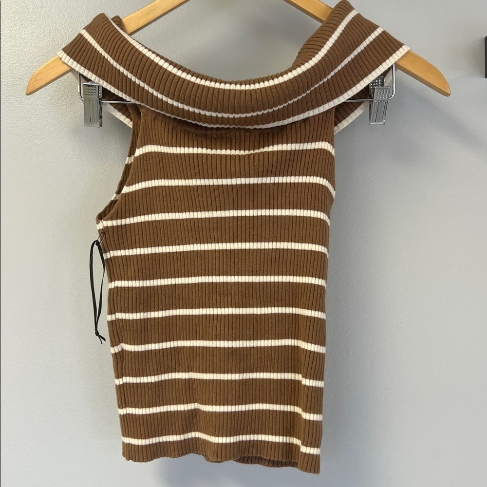Freshman Chocolate & Cream Striped Cable Knt Top Sleeveless on/off Shoulder Sz L - Picture 4 of 4